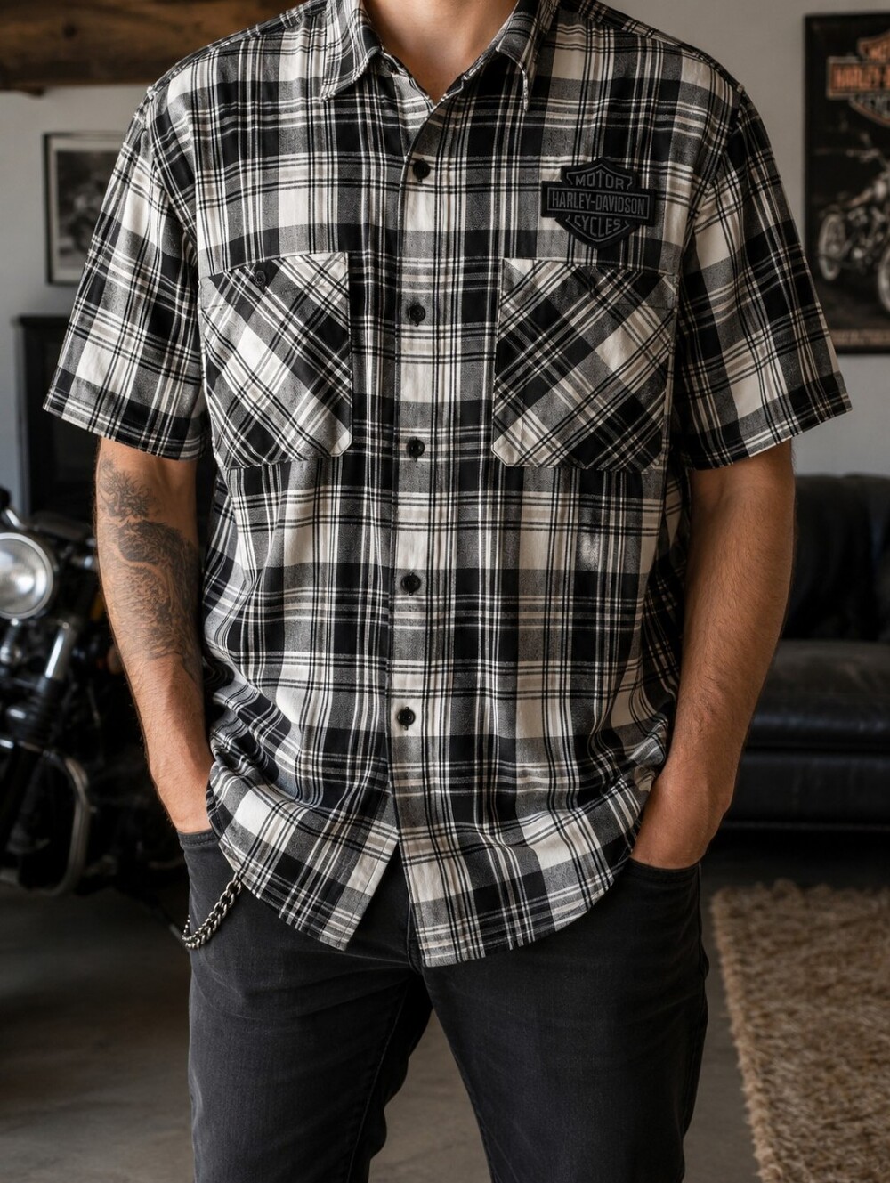 Harley-Davidson Black & White Plaid Button-Up Shirt | 2XL | Short Sleeve Biker S